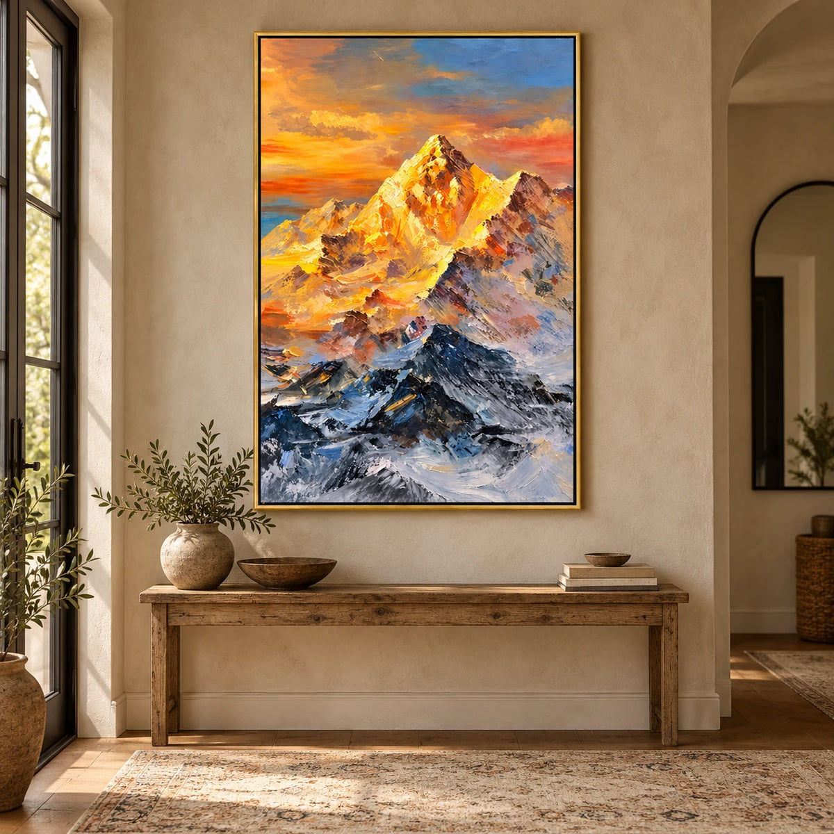 Ownanart Hand-Painted Golden Sunlit Snow Mountain Peak Oil Painting – Alpine Landscape Art, 3D Textured Vertical Canvas Wall Art for Living Room Bedroom Entryway and Office