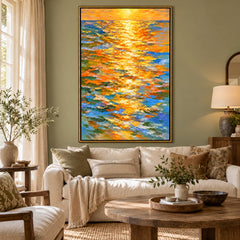 Ownanart Hand-Painted Golden Sunset Reflections on Blue Ocean Oil Painting – Impressionist Abstract Seascape, 3D Textured Vertical Canvas Wall Art for Living Room Bedroom Entryway and Office #OA 1513