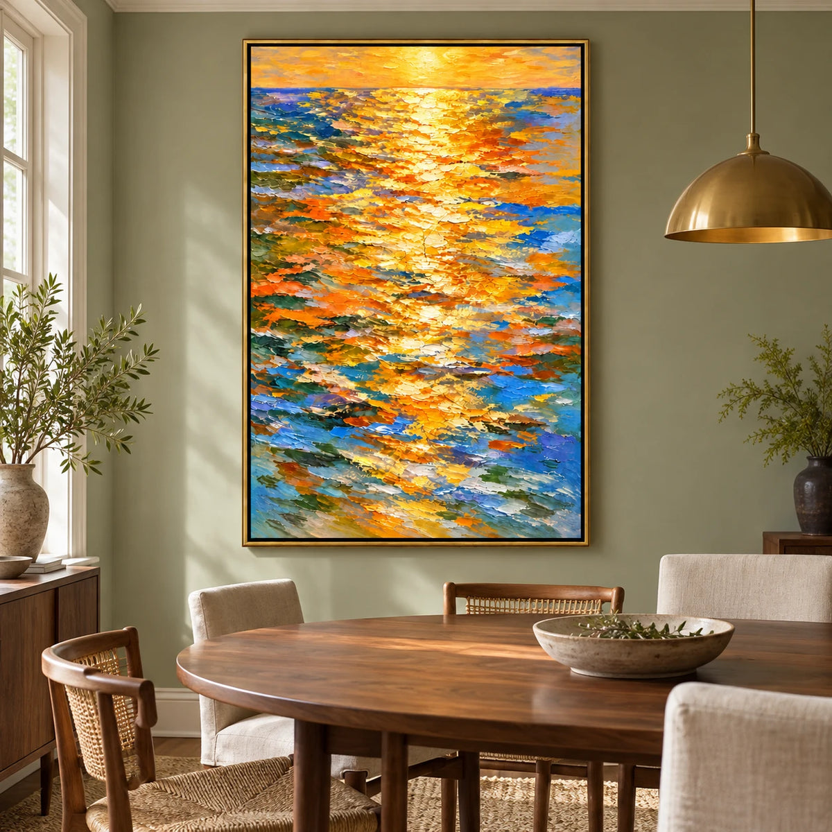 Ownanart Hand-Painted Golden Sunset Reflections on Blue Ocean Oil Painting – Impressionist Abstract Seascape, 3D Textured Vertical Canvas Wall Art for Living Room Bedroom Entryway and Office