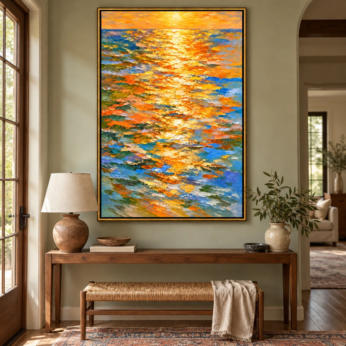 Ownanart Hand-Painted Golden Sunset Reflections on Blue Ocean Oil Painting – Impressionist Abstract Seascape, 3D Textured Vertical Canvas Wall Art for Living Room Bedroom Entryway and Office