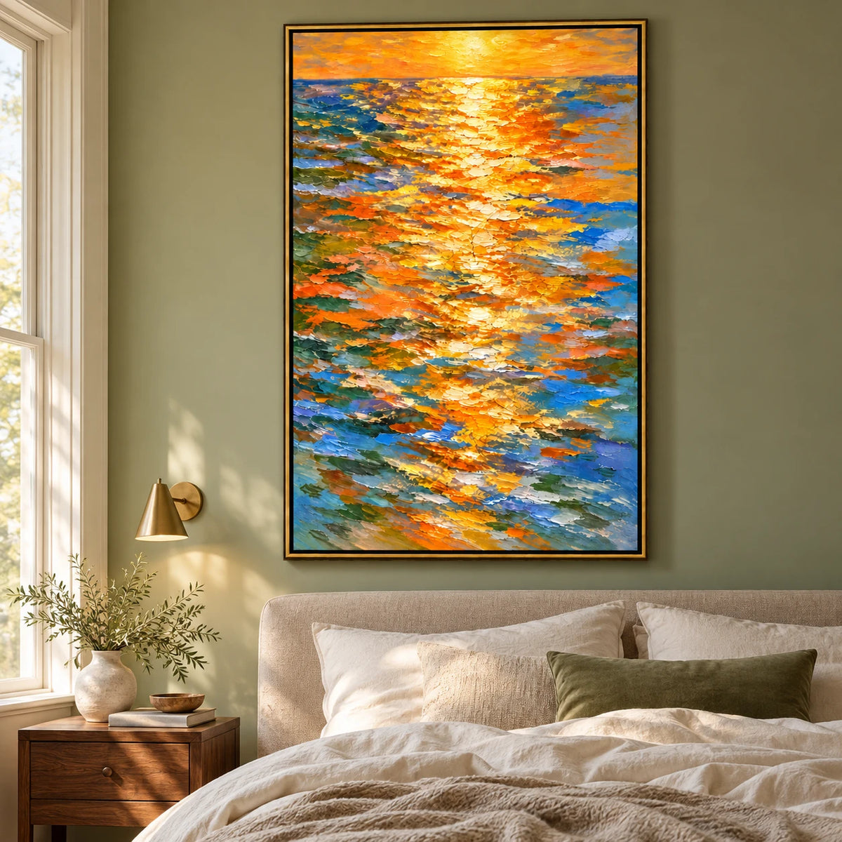 Ownanart Hand-Painted Golden Sunset Reflections on Blue Ocean Oil Painting – Impressionist Abstract Seascape, 3D Textured Vertical Canvas Wall Art for Living Room Bedroom Entryway and Office