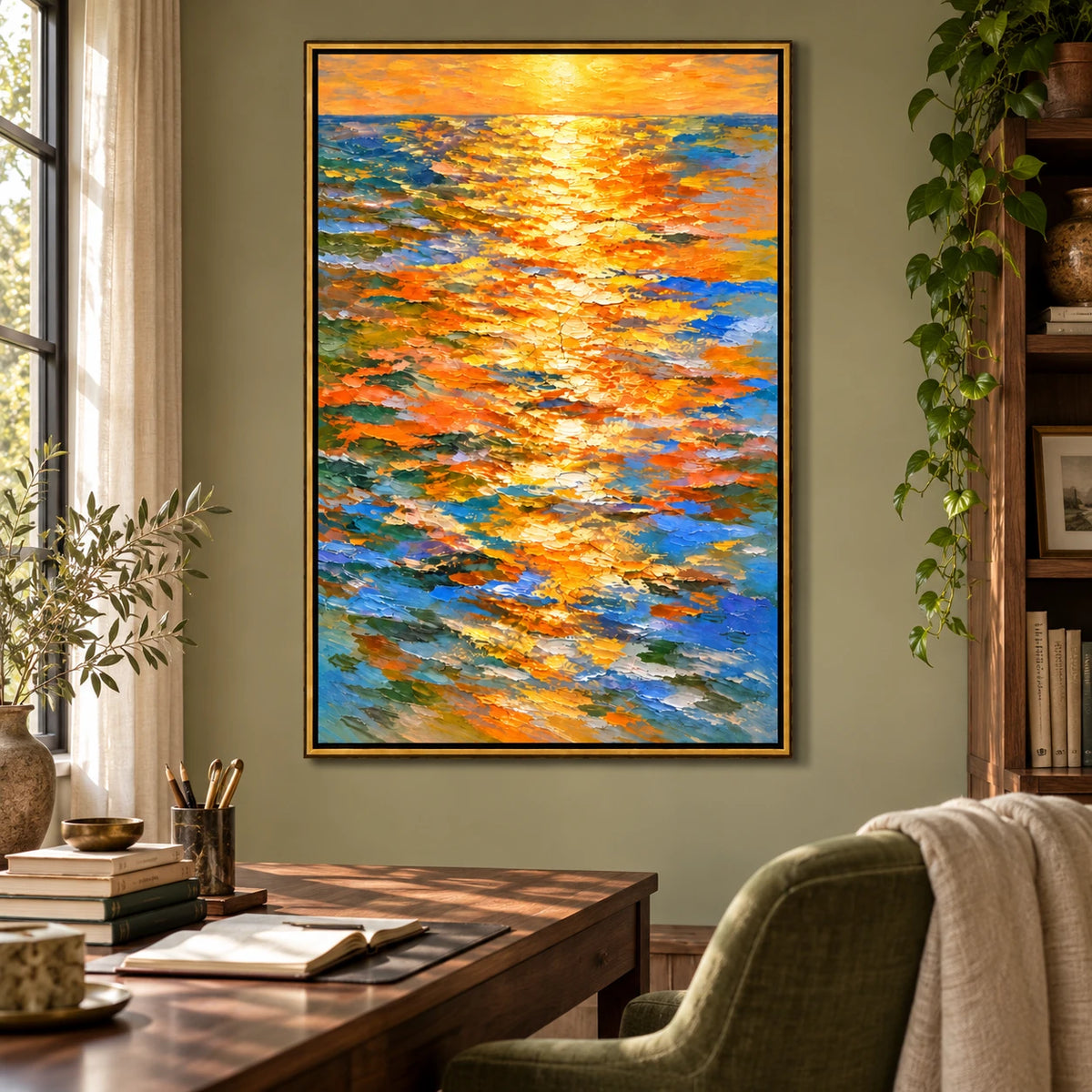 Ownanart Hand-Painted Golden Sunset Reflections on Blue Ocean Oil Painting – Impressionist Abstract Seascape, 3D Textured Vertical Canvas Wall Art for Living Room Bedroom Entryway and Office