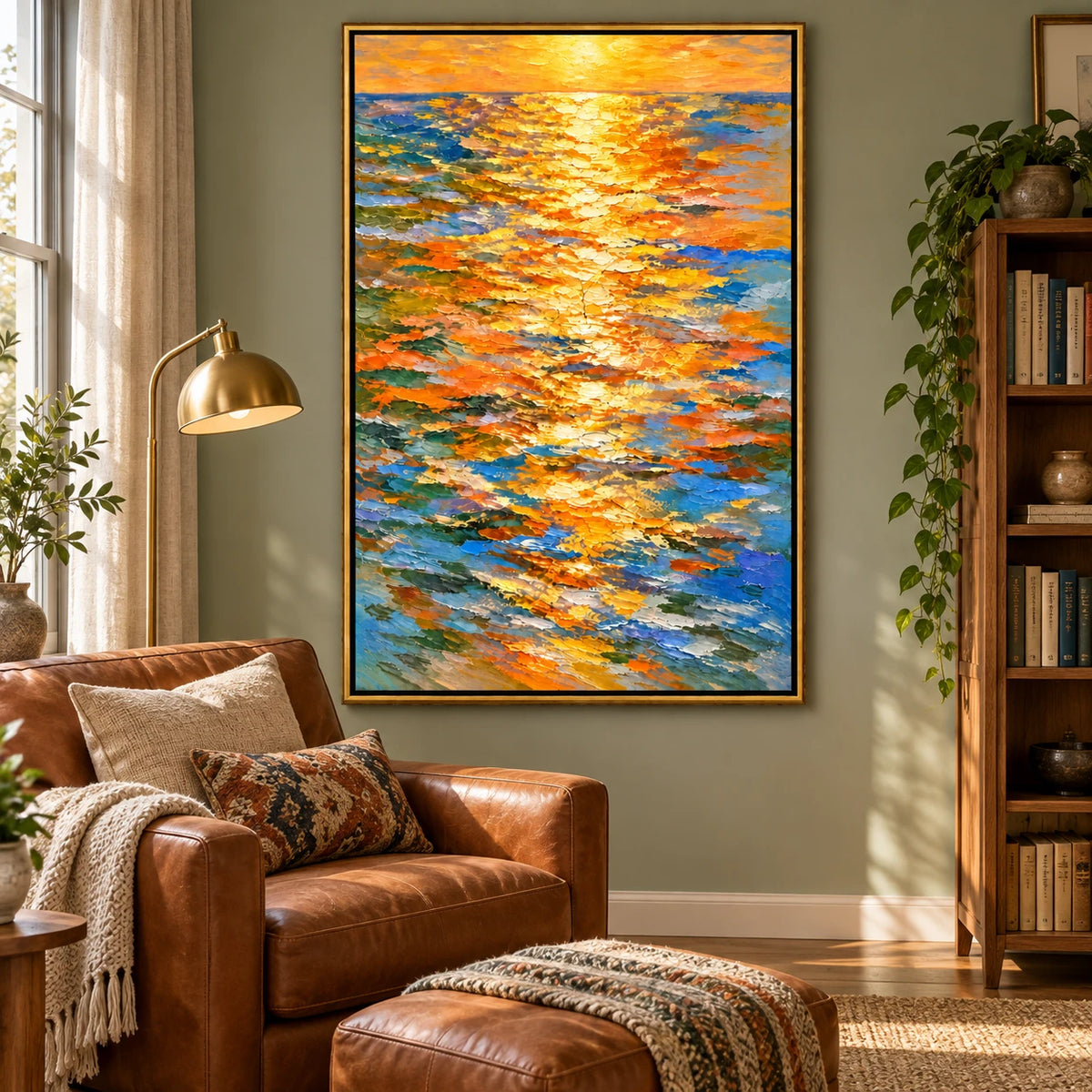 Ownanart Hand-Painted Golden Sunset Reflections on Blue Ocean Oil Painting – Impressionist Abstract Seascape, 3D Textured Vertical Canvas Wall Art for Living Room Bedroom Entryway and Office