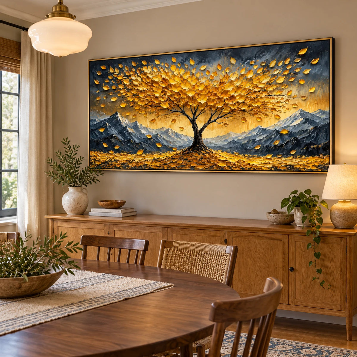 Ownanart Hand-Painted Golden Tree and Mountain Landscape Oil Painting – Large Horizontal textured autumn landscape canvas, impasto nature wall art, Original Canvas Art for Living Room and Office