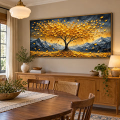 Ownanart Hand-Painted Golden Tree and Mountain Landscape Oil Painting – Large Horizontal textured autumn landscape canvas, impasto nature wall art, Original Canvas Art for Living Room and Office #OA 1471