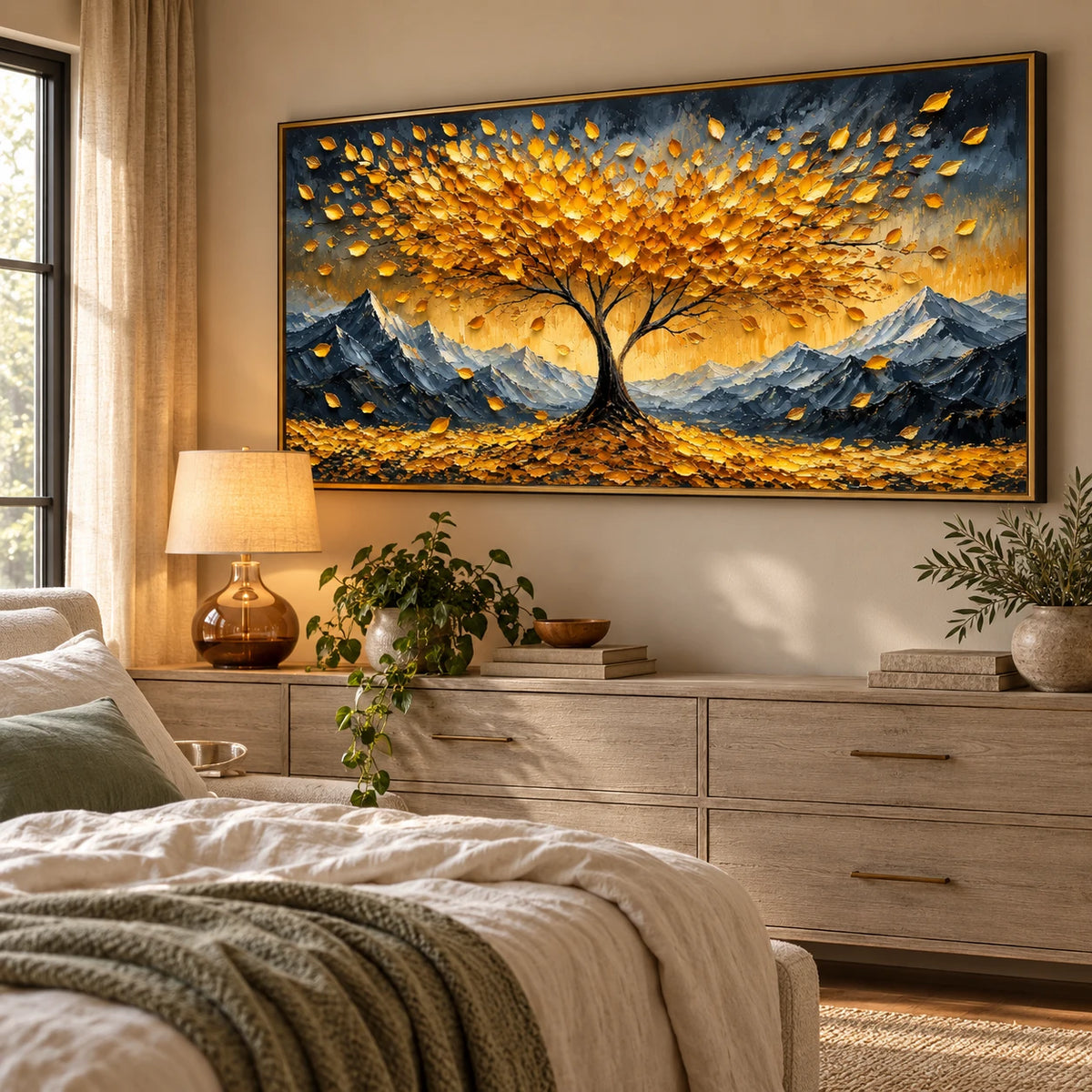 Ownanart Hand-Painted Golden Tree and Mountain Landscape Oil Painting – Large Horizontal textured autumn landscape canvas, impasto nature wall art, Original Canvas Art for Living Room and Office