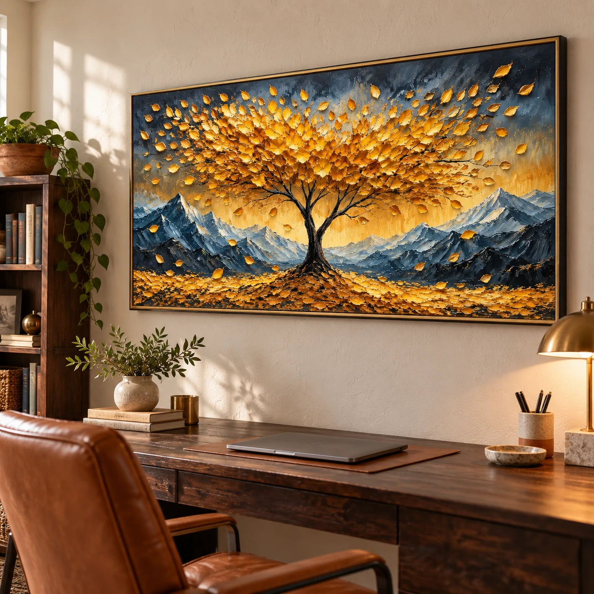 Ownanart Hand-Painted Golden Tree and Mountain Landscape Oil Painting – Large Horizontal textured autumn landscape canvas, impasto nature wall art, Original Canvas Art for Living Room and Office