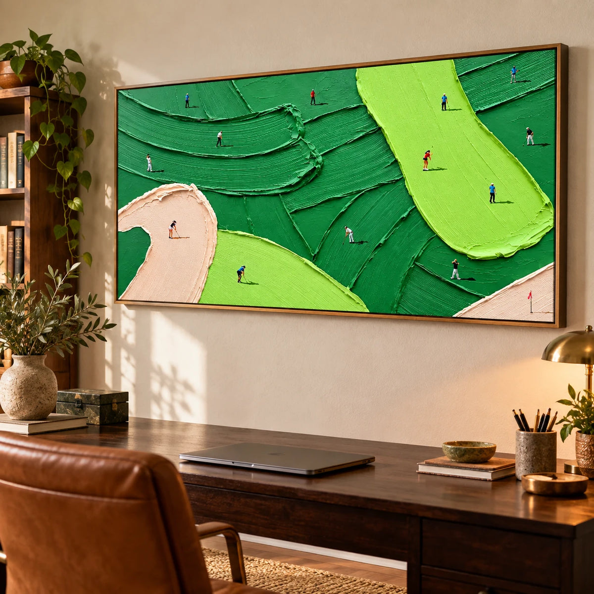 Ownanart Hand-Painted Green Abstract Golf Course Oil Painting – Large Horizontal textured sports canvas, golf wall art for office, Original Canvas Art for Living Room and Office