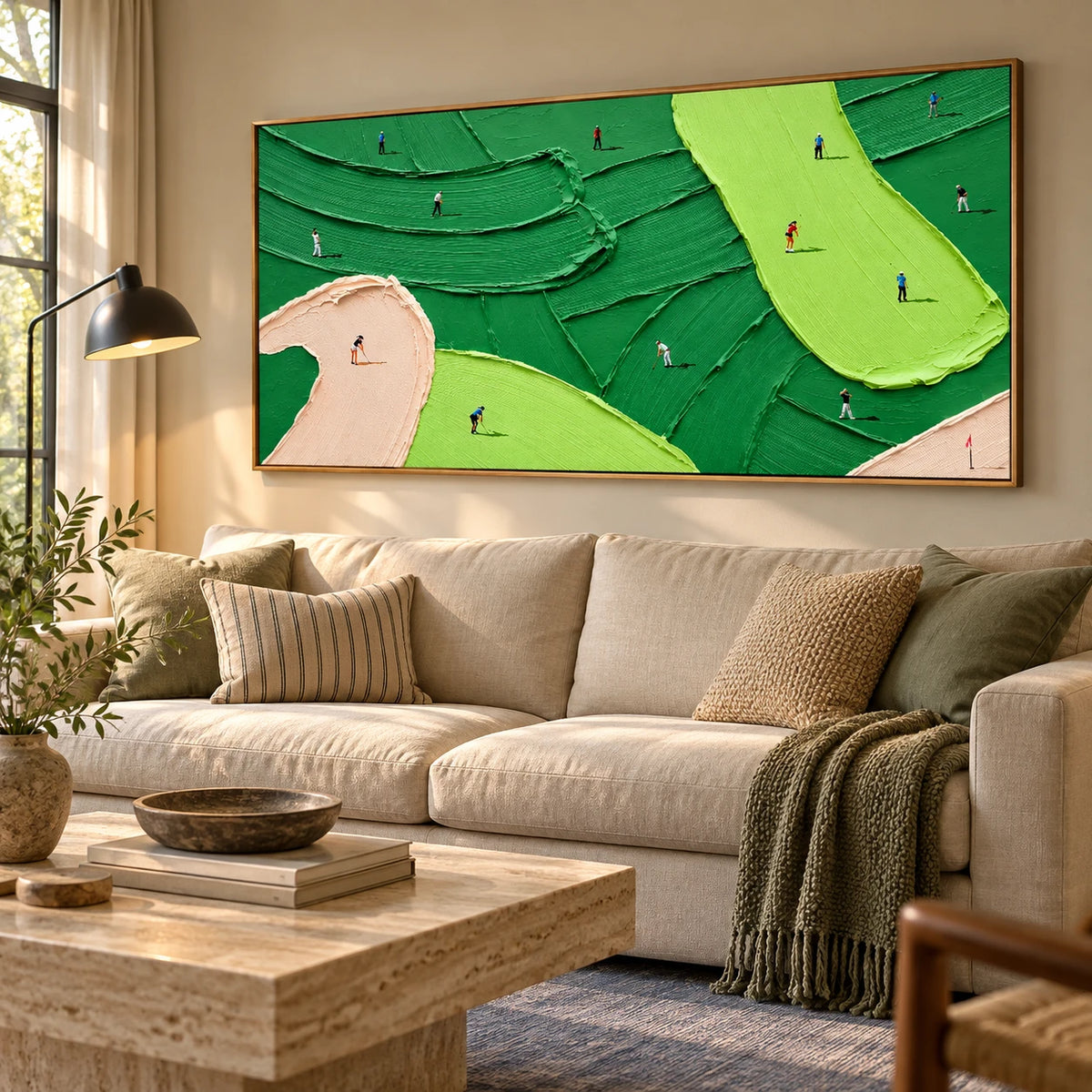 Ownanart Hand-Painted Green Abstract Golf Course Oil Painting – Large Horizontal textured sports canvas, golf wall art for office, Original Canvas Art for Living Room and Office