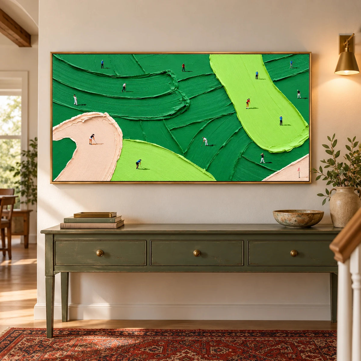 Ownanart Hand-Painted Green Abstract Golf Course Oil Painting – Large Horizontal textured sports canvas, golf wall art for office, Original Canvas Art for Living Room and Office