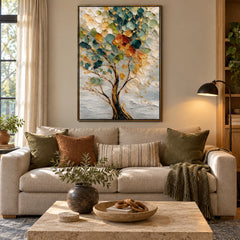 Ownanart Hand-Painted Green and Gold Textured Tree Oil Painting – Vertical vertical impasto botanical canvas, abstract nature wall art, Original Canvas Art for Living Room and Office #OA 1476
