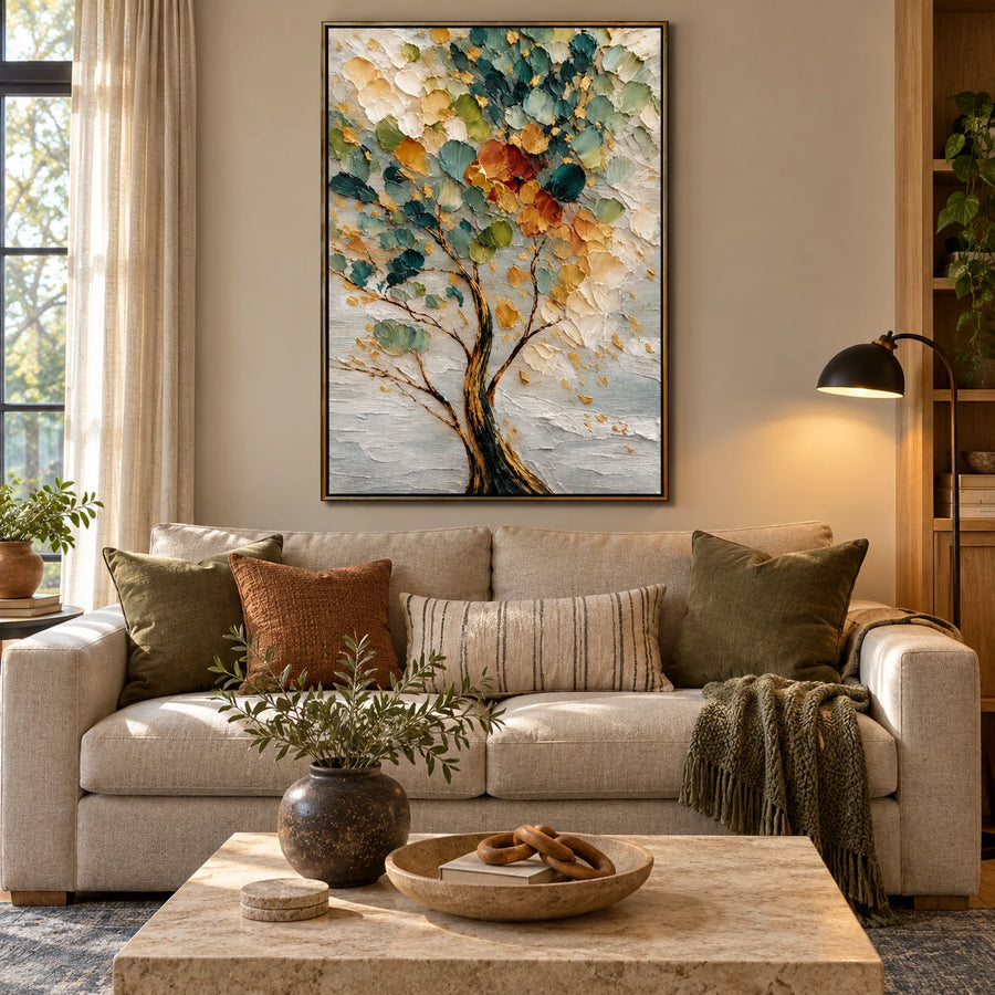 Ownanart Hand-Painted Green and Gold Textured Tree Oil Painting – Vertical vertical impasto botanical canvas, abstract nature wall art, Original Canvas Art for Living Room and Office #OA 1476
