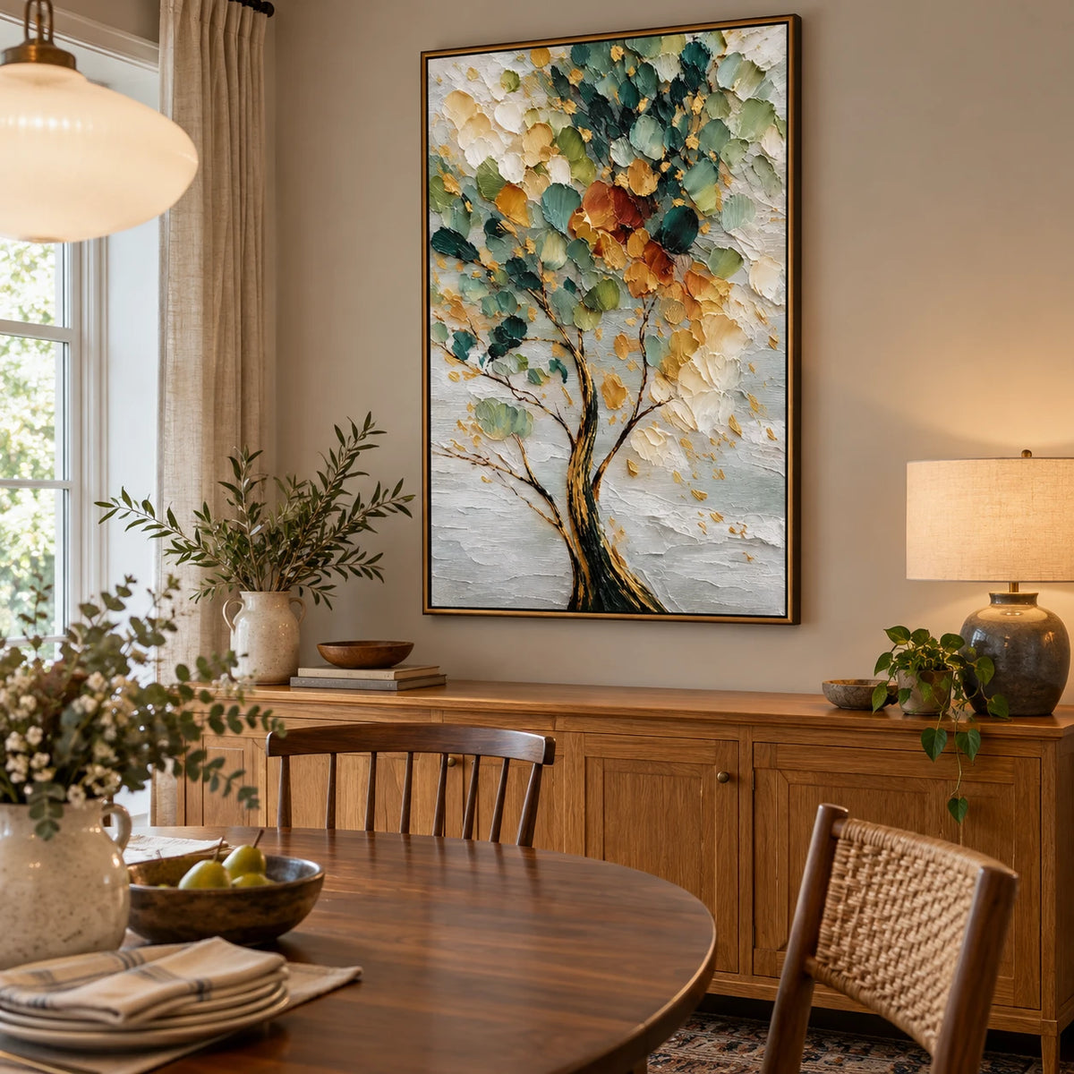 Ownanart Hand-Painted Green and Gold Textured Tree Oil Painting – Vertical vertical impasto botanical canvas, abstract nature wall art, Original Canvas Art for Living Room and Office