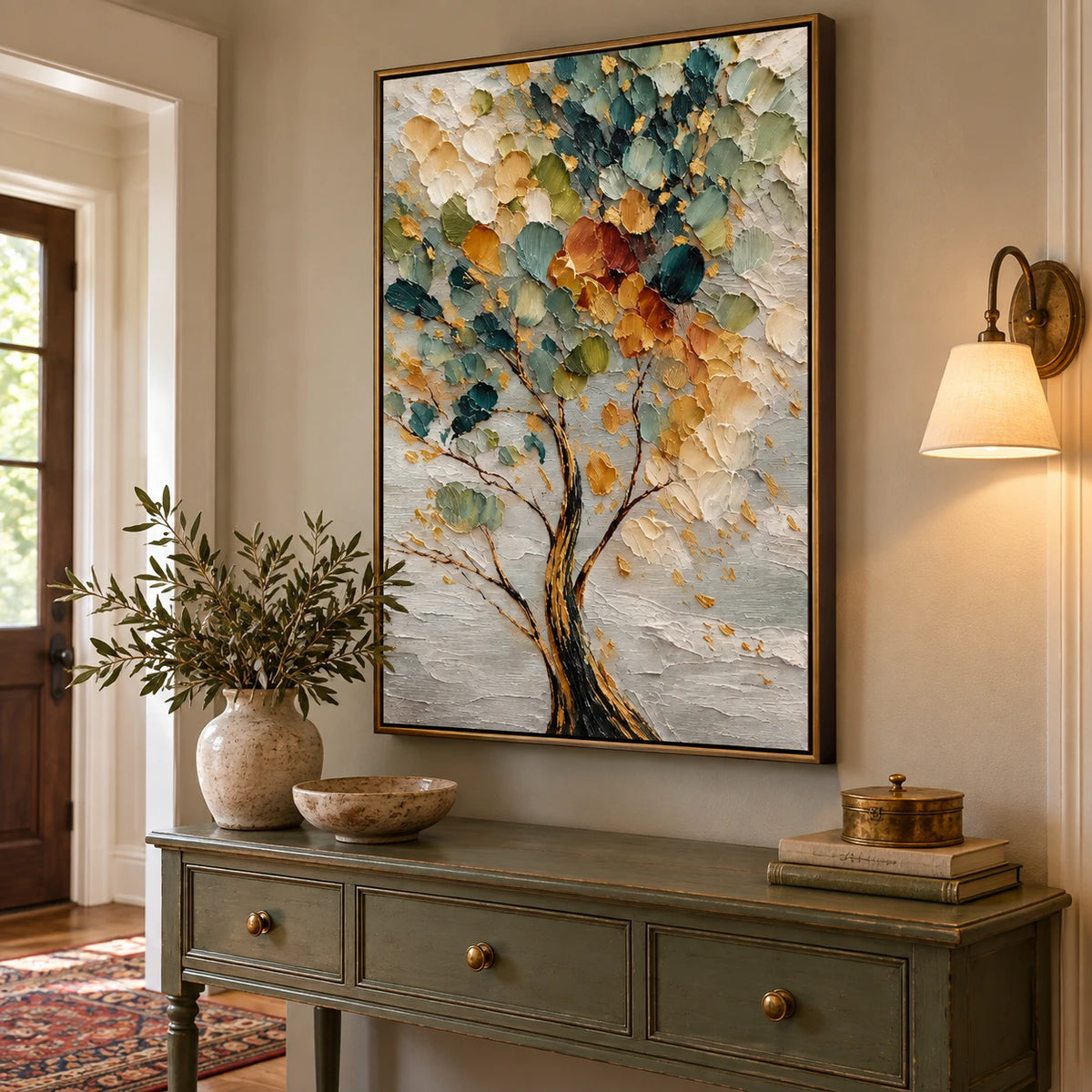 Ownanart Hand-Painted Green and Gold Textured Tree Oil Painting – Vertical vertical impasto botanical canvas, abstract nature wall art, Original Canvas Art for Living Room and Office