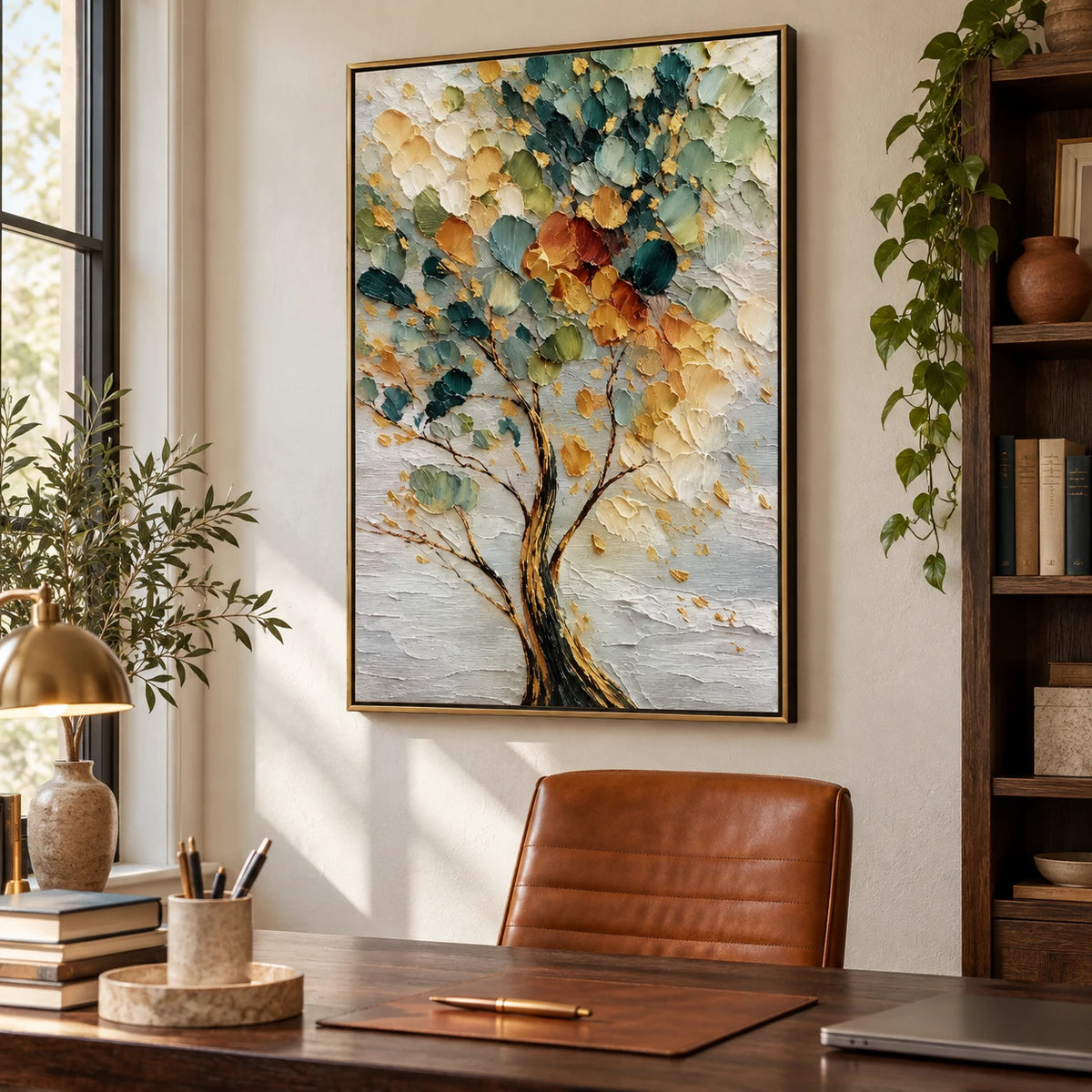 Ownanart Hand-Painted Green and Gold Textured Tree Oil Painting – Vertical vertical impasto botanical canvas, abstract nature wall art, Original Canvas Art for Living Room and Office