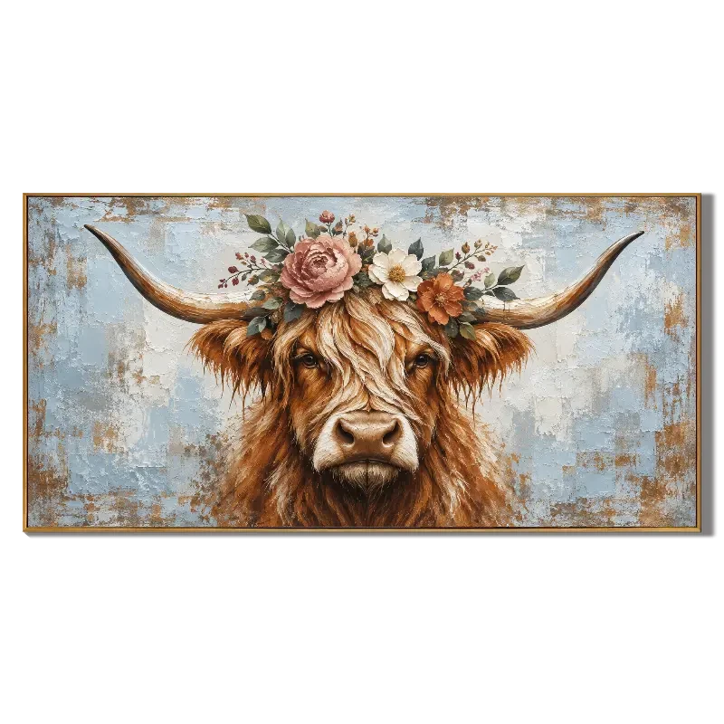Ownanart Hand-Painted Highland Cow with Flower Crown Oil Painting – Large Horizontal rustic animal portrait canvas, farmhouse cow wall art, Original Canvas Art for Living Room and Office