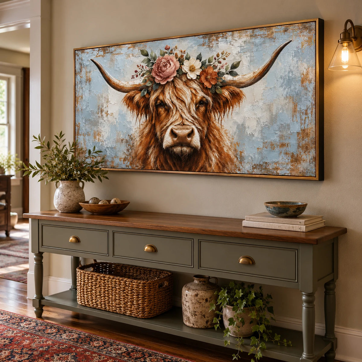 Ownanart Hand-Painted Highland Cow with Flower Crown Oil Painting – Large Horizontal rustic animal portrait canvas, farmhouse cow wall art, Original Canvas Art for Living Room and Office