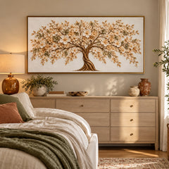 Ownanart Hand-Painted Ivory Flowering Tree Oil Painting – Large Horizontal neutral floral tree canvas, textured botanical wall art, Original Canvas Art for Living Room and Office #OA 1473