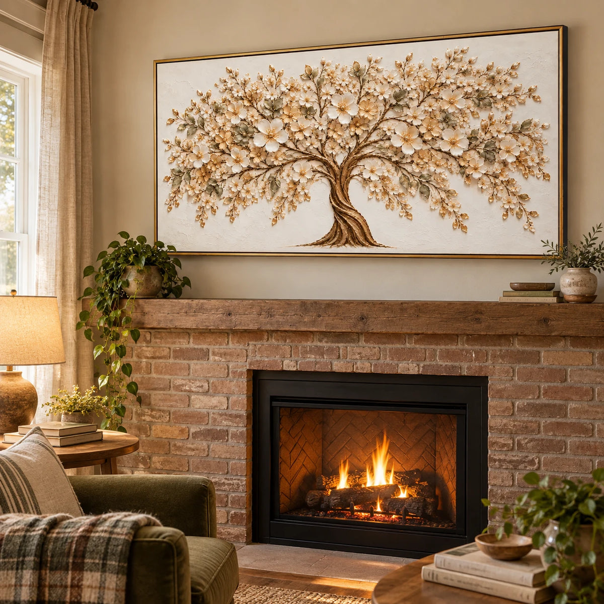 Ownanart Hand-Painted Ivory Flowering Tree Oil Painting – Large Horizontal neutral floral tree canvas, textured botanical wall art, Original Canvas Art for Living Room and Office