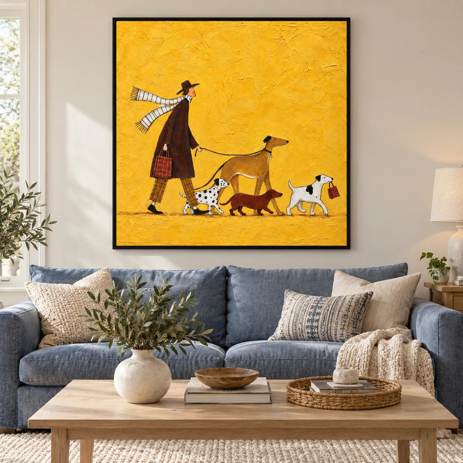 Ownanart Hand-Painted Man Walking Four Dogs on Yellow Background Oil Painting – Whimsical Folk Figurative Animal Art, 3D Textured Square Canvas Wall Art for Living Room Bedroom Entryway and Office #OA 1526
