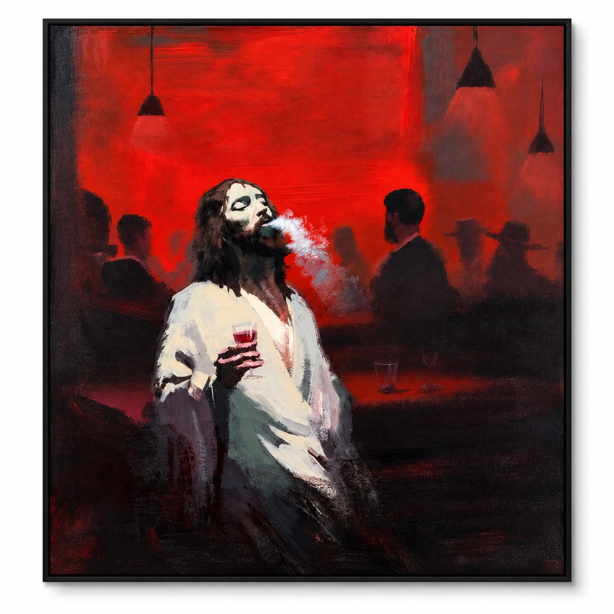 Ownanart Hand-Painted Man with Wine Glass in Red Bar Oil Painting – Expressive Figurative Portrait Art, 3D Textured Square Canvas Wall Art for Living Room Bedroom Entryway and Office
