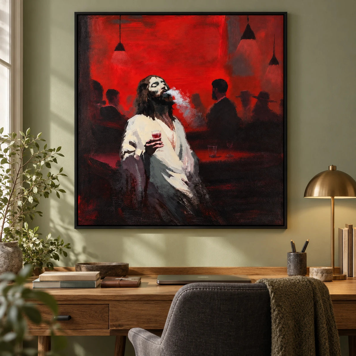 Ownanart Hand-Painted Man with Wine Glass in Red Bar Oil Painting – Expressive Figurative Portrait Art, 3D Textured Square Canvas Wall Art for Living Room Bedroom Entryway and Office