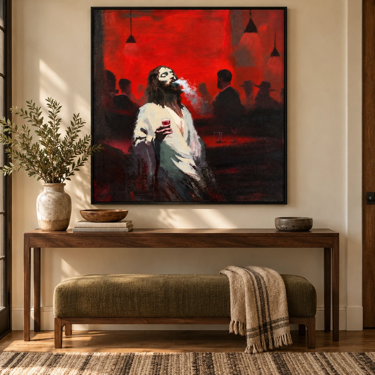 Ownanart Hand-Painted Man with Wine Glass in Red Bar Oil Painting – Expressive Figurative Portrait Art, 3D Textured Square Canvas Wall Art for Living Room Bedroom Entryway and Office