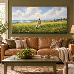 Ownanart Hand-Painted Meadow Landscape Oil Painting – Walking Figure and White Dog, Wildflowers and Lakeside Textured Nature Canvas Wall Art, Large Horizontal Painting #OA 1462