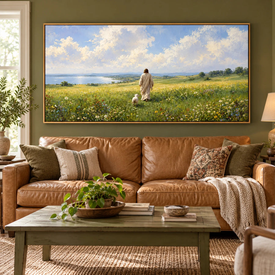 Ownanart Hand-Painted Meadow Landscape Oil Painting – Walking Figure and White Dog, Wildflowers and Lakeside Textured Nature Canvas Wall Art, Large Horizontal Painting #OA 1462