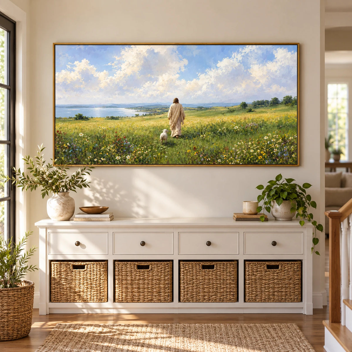 Ownanart Hand-Painted Meadow Landscape Oil Painting – Walking Figure and White Dog, Wildflowers and Lakeside Textured Nature Canvas Wall Art, Large Horizontal Painting
