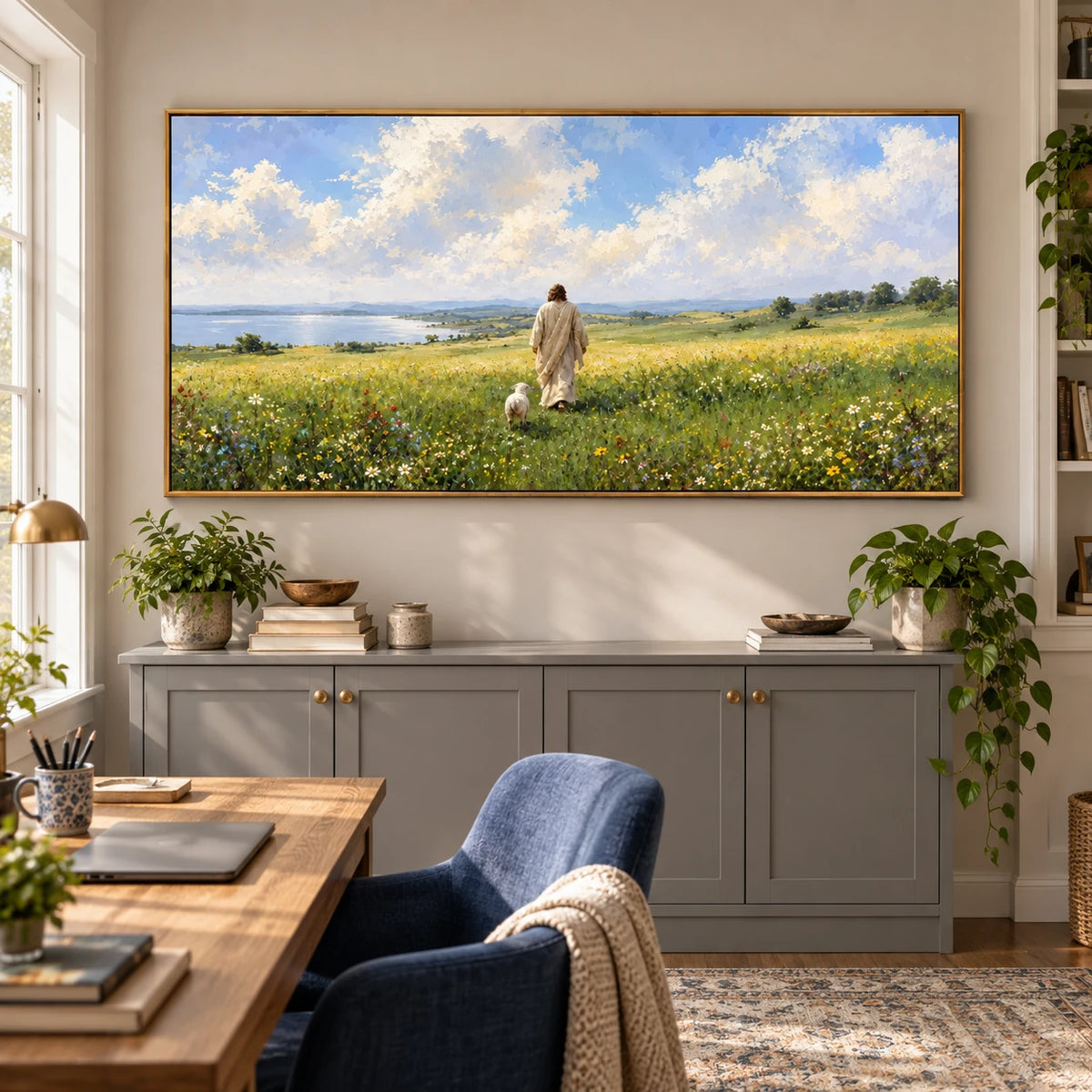 Ownanart Hand-Painted Meadow Landscape Oil Painting – Walking Figure and White Dog, Wildflowers and Lakeside Textured Nature Canvas Wall Art, Large Horizontal Painting