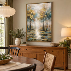 Ownanart Hand-Painted Misty Woodland Path Oil Painting – Vertical vertical forest landscape canvas, textured nature wall art, Original Canvas Art for Living Room and Office #OA 1477
