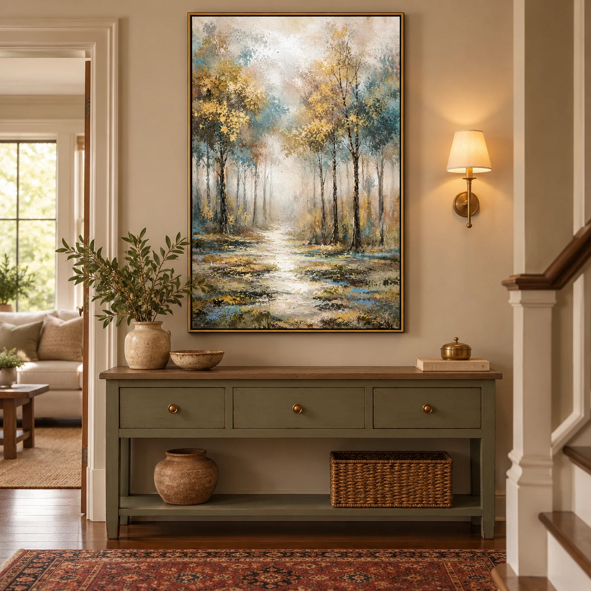 Ownanart Hand-Painted Misty Woodland Path Oil Painting – Vertical vertical forest landscape canvas, textured nature wall art, Original Canvas Art for Living Room and Office