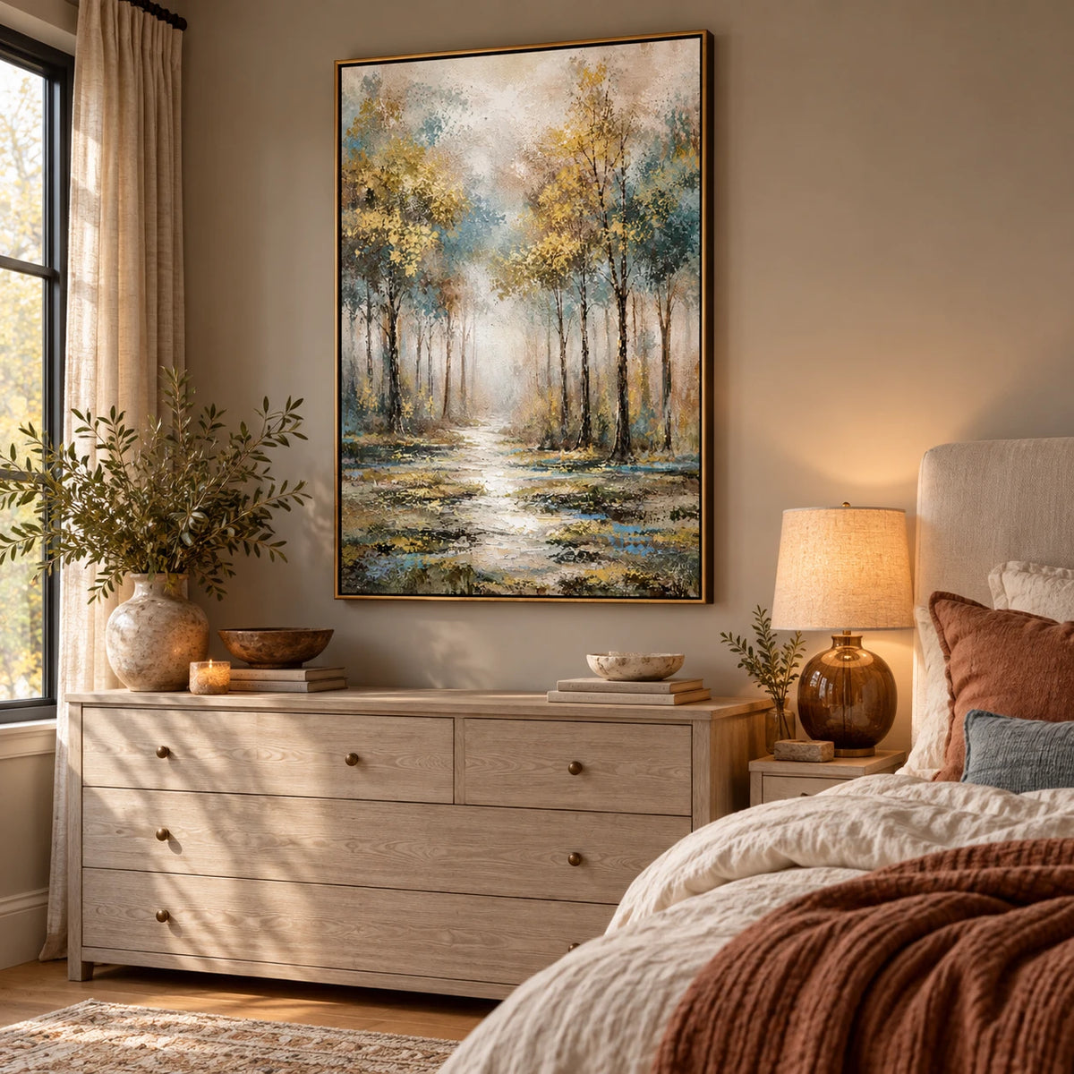 Ownanart Hand-Painted Misty Woodland Path Oil Painting – Vertical vertical forest landscape canvas, textured nature wall art, Original Canvas Art for Living Room and Office