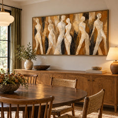 Ownanart Hand-Painted Neutral Abstract Female Figures Oil Painting – Large Horizontal abstract women canvas, beige figurative wall art, Original Canvas Art for Living Room and Office #OA 1465