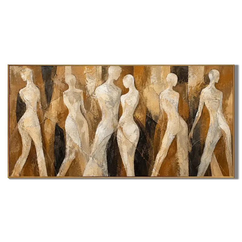 Ownanart Hand-Painted Neutral Abstract Female Figures Oil Painting – Large Horizontal abstract women canvas, beige figurative wall art, Original Canvas Art for Living Room and Office