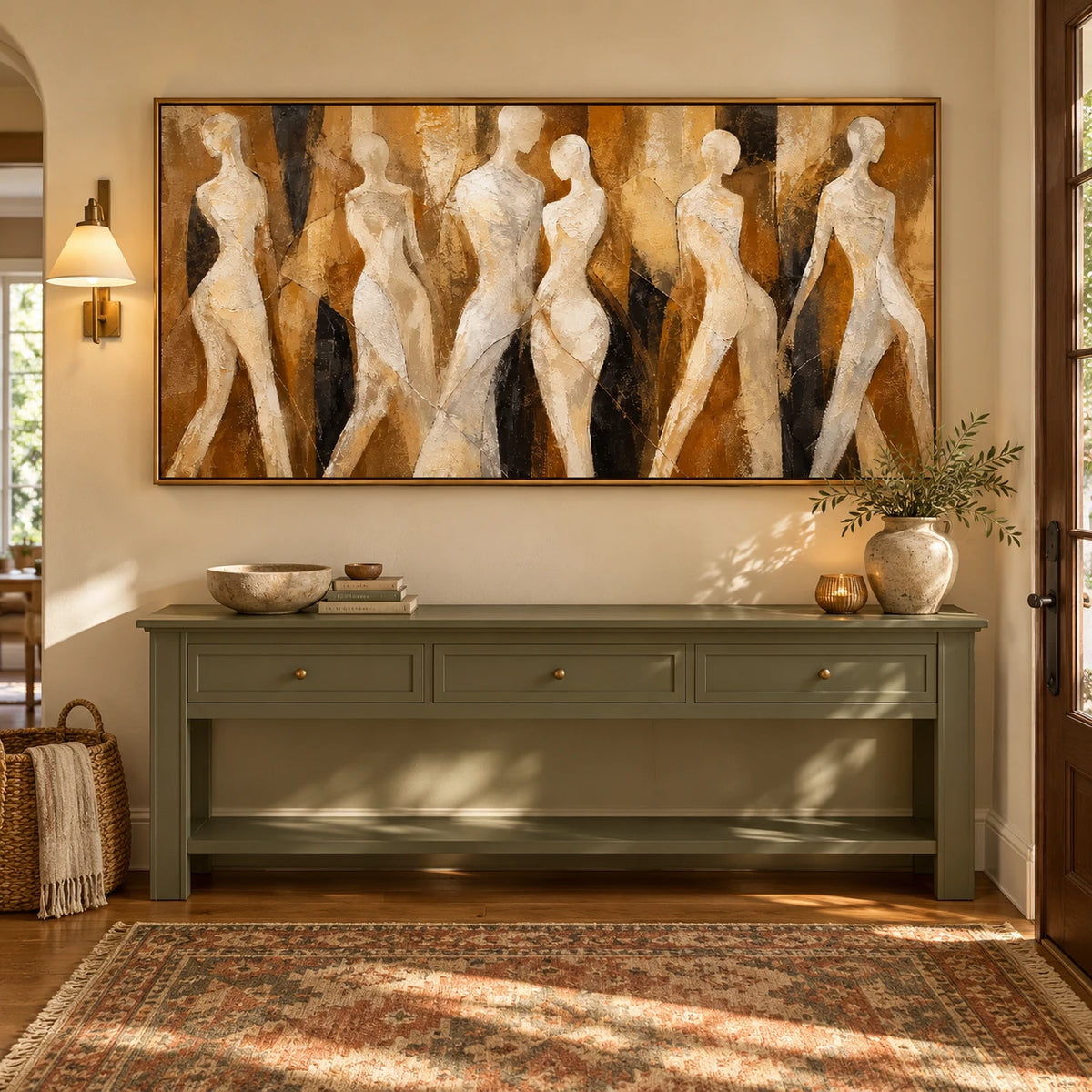 Ownanart Hand-Painted Neutral Abstract Female Figures Oil Painting – Large Horizontal abstract women canvas, beige figurative wall art, Original Canvas Art for Living Room and Office