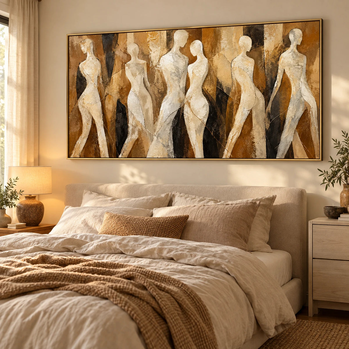 Ownanart Hand-Painted Neutral Abstract Female Figures Oil Painting – Large Horizontal abstract women canvas, beige figurative wall art, Original Canvas Art for Living Room and Office
