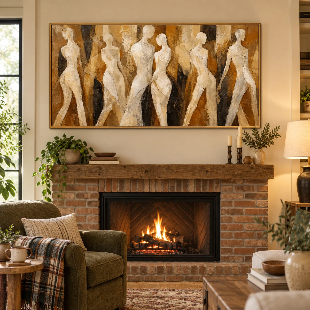 Ownanart Hand-Painted Neutral Abstract Female Figures Oil Painting – Large Horizontal abstract women canvas, beige figurative wall art, Original Canvas Art for Living Room and Office