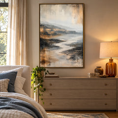 Ownanart Hand-Painted Neutral Coastal Landscape Oil Painting – Vertical vertical beige seascape canvas, atmospheric shoreline wall art, Original Canvas Art for Living Room and Office #OA 1479
