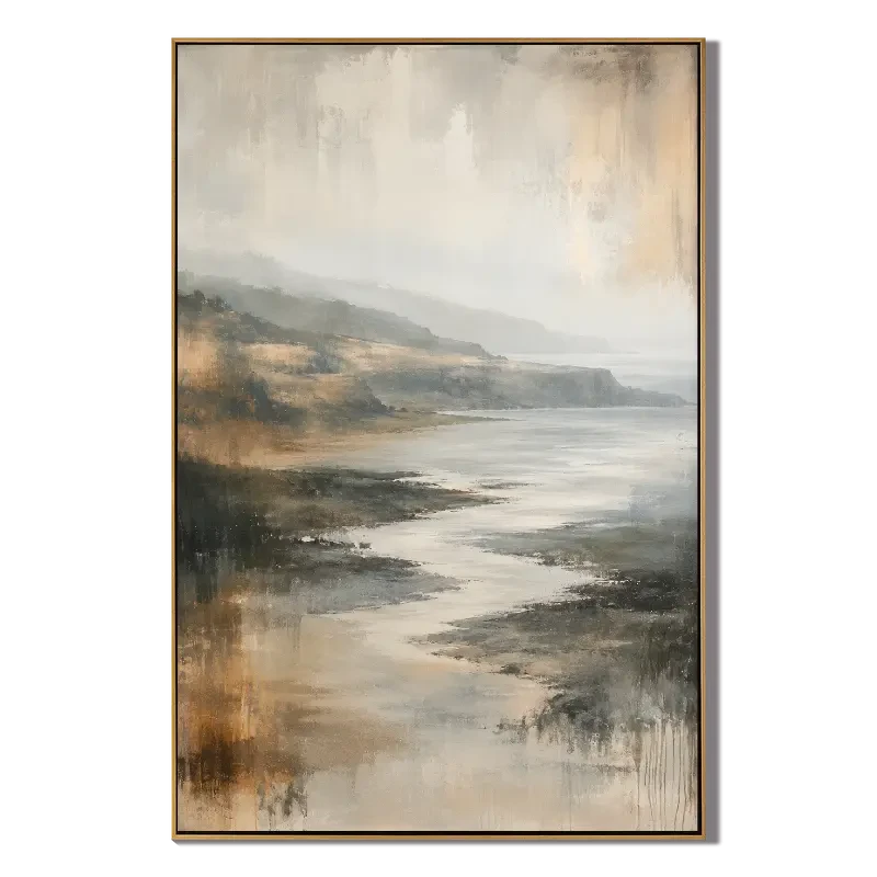 Ownanart Hand-Painted Neutral Coastal Landscape Oil Painting – Vertical vertical beige seascape canvas, atmospheric shoreline wall art, Original Canvas Art for Living Room and Office