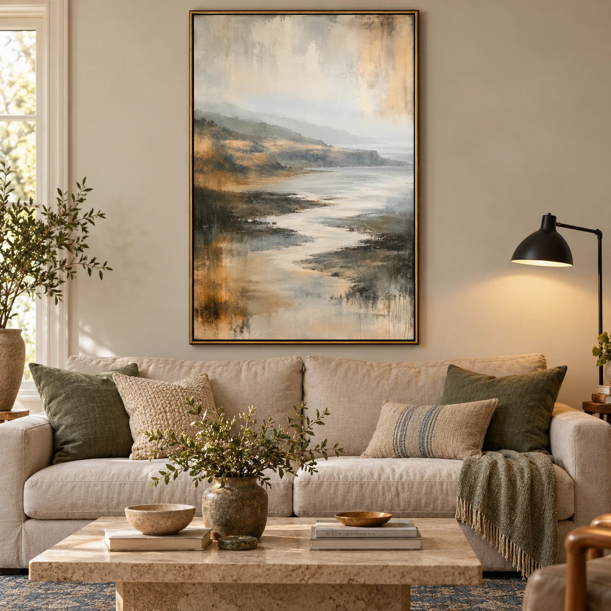 Ownanart Hand-Painted Neutral Coastal Landscape Oil Painting – Vertical vertical beige seascape canvas, atmospheric shoreline wall art, Original Canvas Art for Living Room and Office