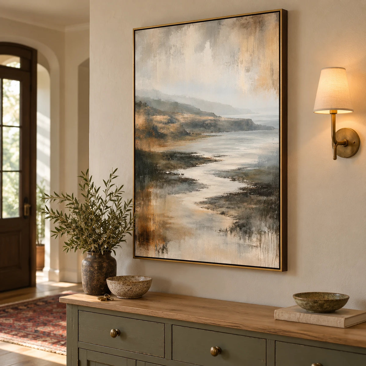 Ownanart Hand-Painted Neutral Coastal Landscape Oil Painting – Vertical vertical beige seascape canvas, atmospheric shoreline wall art, Original Canvas Art for Living Room and Office