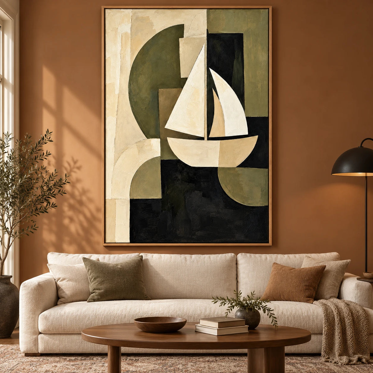Ownanart Hand-Painted Olive Green Cream and Black Geometric Sailboat Oil Painting – 3D Textured Vertical Impasto Canvas Wall Art for Living Room Bedroom Entryway and Office
