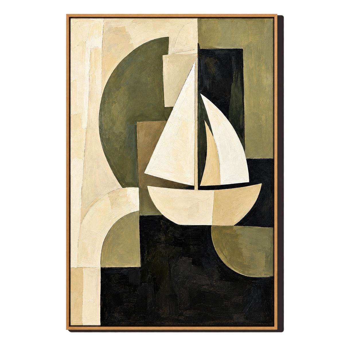 Ownanart Hand-Painted Olive Green Cream and Black Geometric Sailboat Oil Painting – 3D Textured Vertical Impasto Canvas Wall Art for Living Room Bedroom Entryway and Office