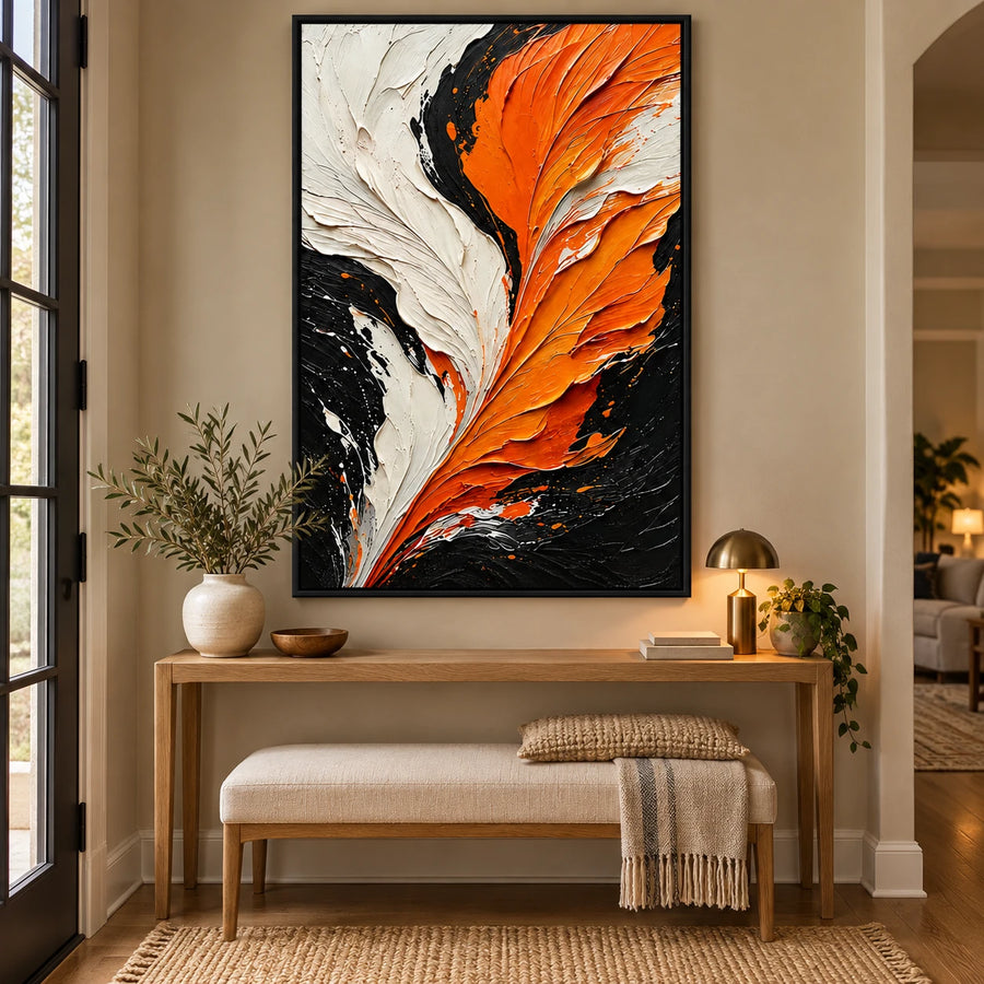 Ownanart Hand-Painted Orange Black and Ivory Feather Abstract Oil Painting – Textured Vertical Canvas Wall Art for Living Room and Office #OA 1492