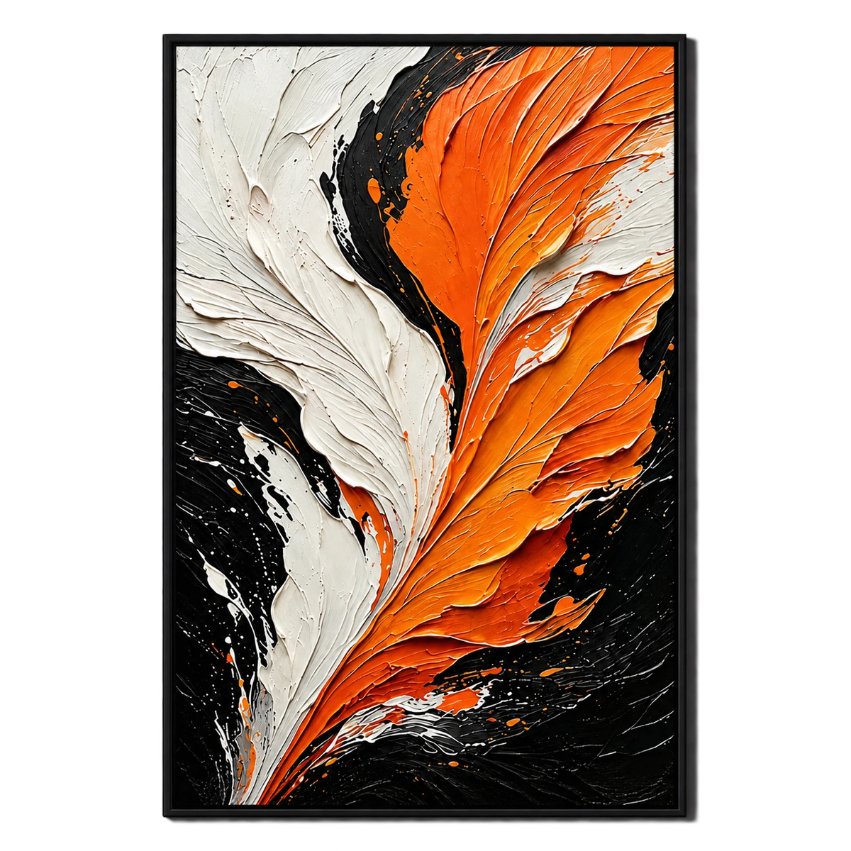 Ownanart Hand-Painted Orange Black and Ivory Feather Abstract Oil Painting – Textured Vertical Canvas Wall Art for Living Room and Office
