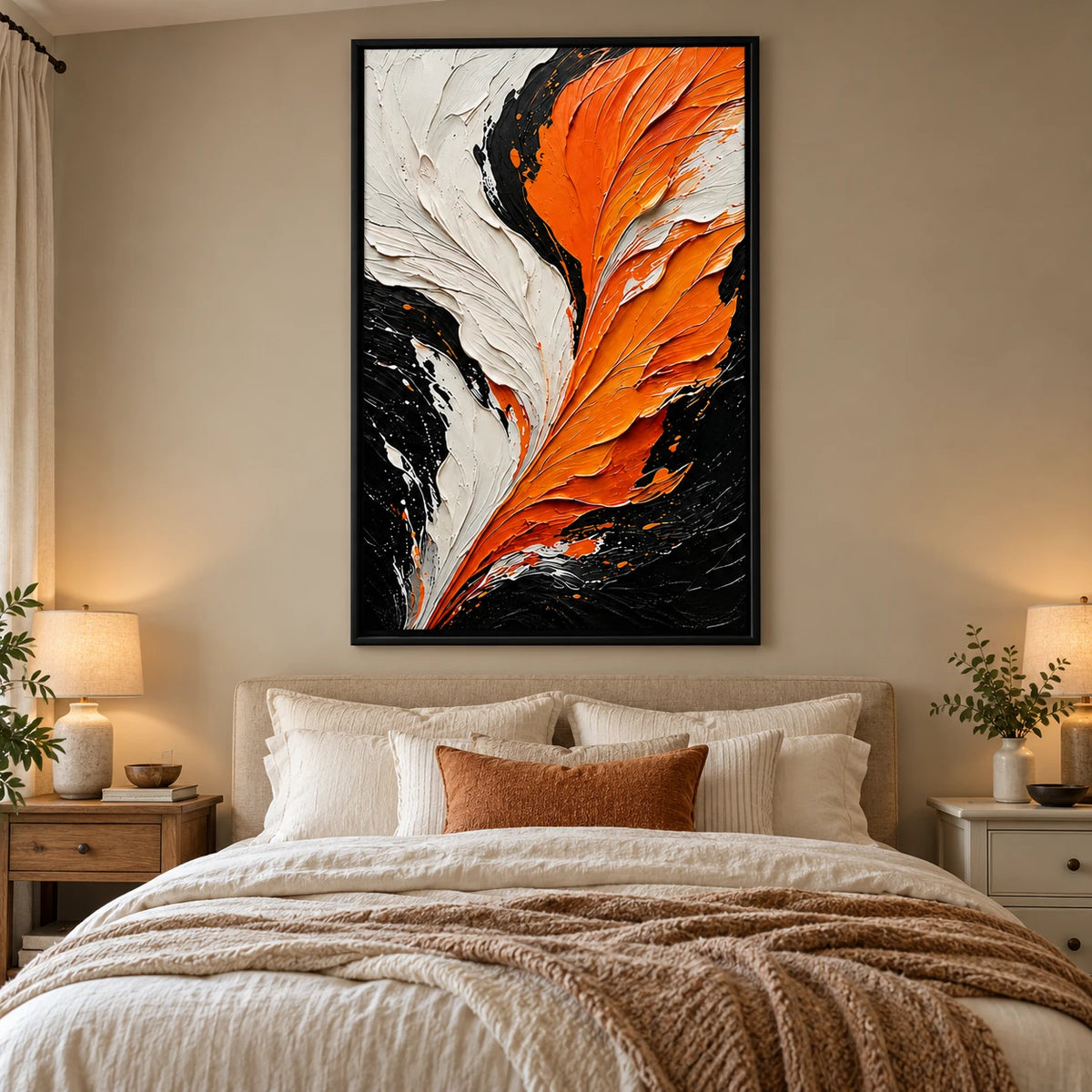 Ownanart Hand-Painted Orange Black and Ivory Feather Abstract Oil Painting – Textured Vertical Canvas Wall Art for Living Room and Office