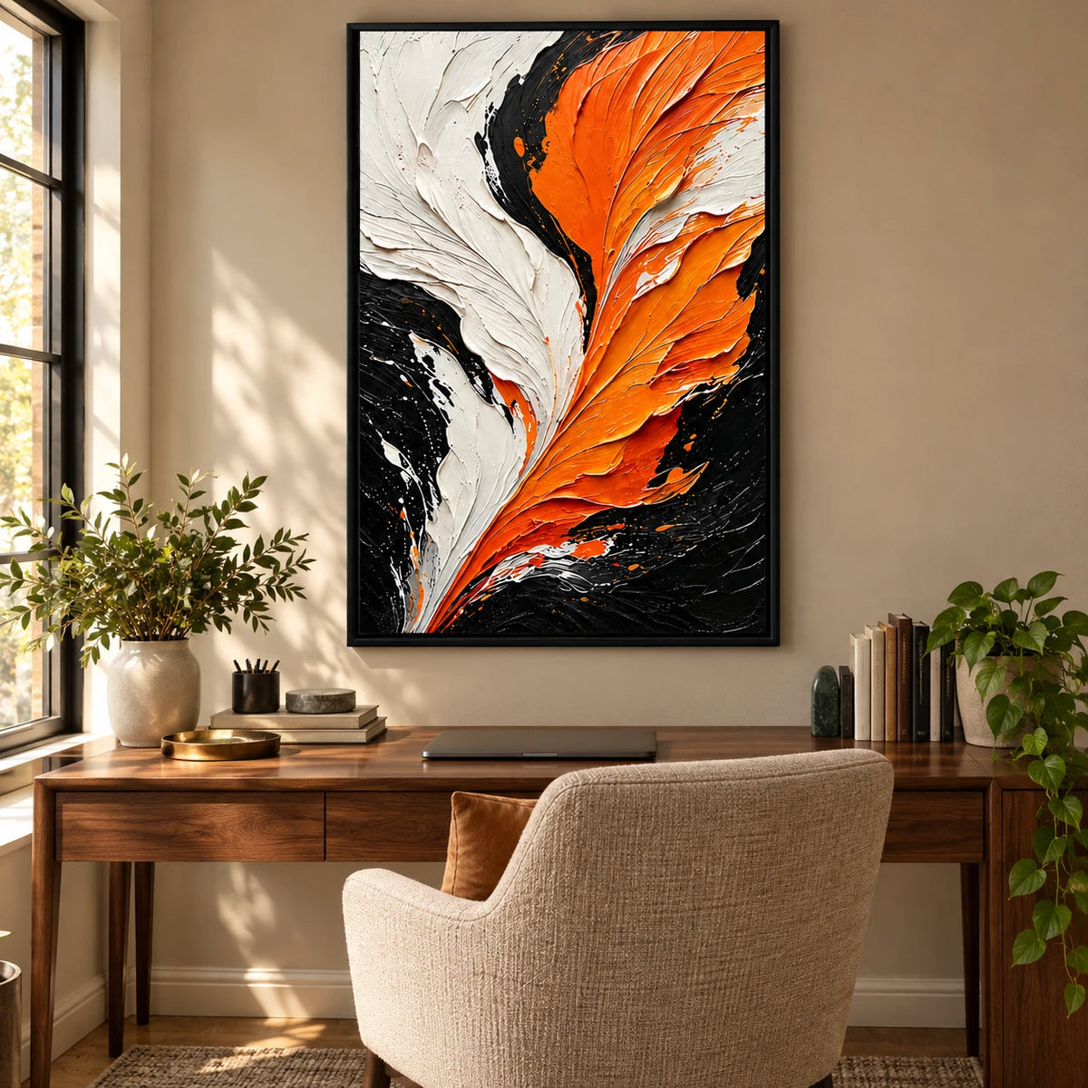 Ownanart Hand-Painted Orange Black and Ivory Feather Abstract Oil Painting – Textured Vertical Canvas Wall Art for Living Room and Office