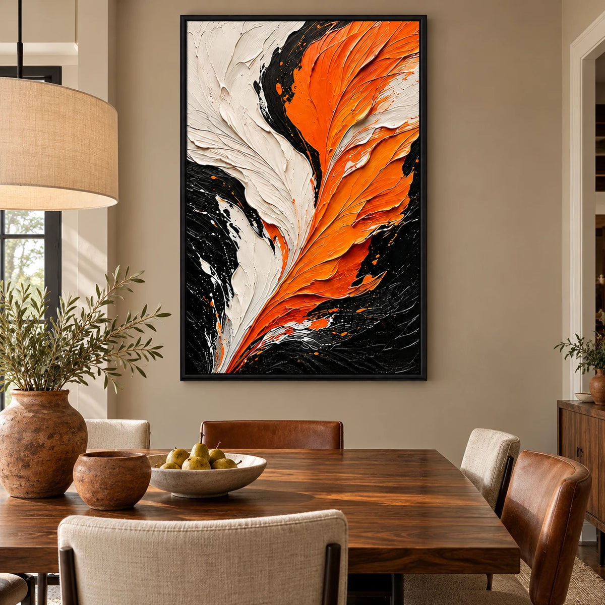Ownanart Hand-Painted Orange Black and Ivory Feather Abstract Oil Painting – Textured Vertical Canvas Wall Art for Living Room and Office